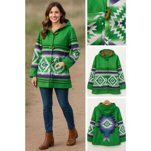 Southwestern Aztec Hooded Coat Womens Sz 6 Green Purple Blanket Jacket Oversized